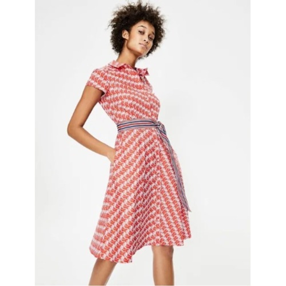 Boden Coral Pink Flamingo Print Belted Short Sleeve Shirt Dress US‎ 10